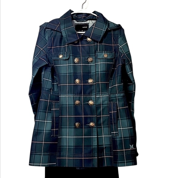 Hurley Lightweight Double Breasted Plaid Mid Length Trench Coat Sz M - Picture 4 of 12